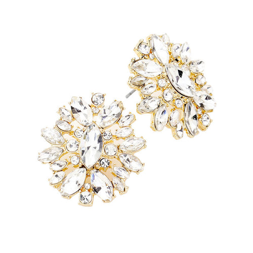 Pendientes de noche con piedra marquesa redonda y floral - Oro