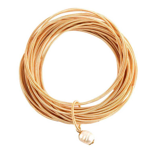 Gold Freshwater Pearl Charm Guitar String Stackable Stretch Bracelet. These gorgeous pearl pieces will show your class in any special occasion. The elegance of these pearl goes unmatched, great for wearing at a party! Perfect jewelry to enhance your look. Awesome gift for birthday, Anniversary, Valentine‚Äôs Day or any special occasion.