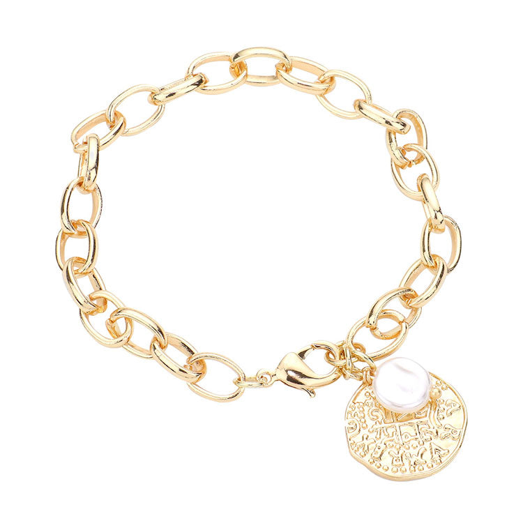 Gold Freshwater Pearl Irregular Metal Round Charm Bracelet, cute pearl charm and subtle sleek style, just what you need to update your wardrobe. Bring a little of the ocean to your daily look. Jewelry that fits your lifestyle. Perfect Birthday Gift, Anniversary Gift, Mother's Day Gift, Mom Gift, Thank you Gift, Just Because Gift.