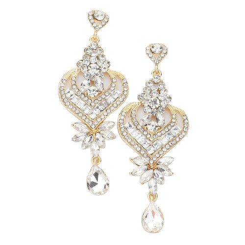 Glass Crystal Heart Teardrop Evening Earrings - Gold