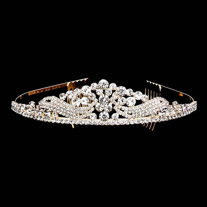 Gold Glass Crystal Pageant Queen Tiara, this tiara features precious look and an artistic design. Perfect for adding just the right amount of shimmer & shine, will add a touch of class, beauty and style to your special events. Suitable for Wedding, Engagement, Prom, Dinner Party, Birthday Party, Any Occasion You Want to Be More Charming.