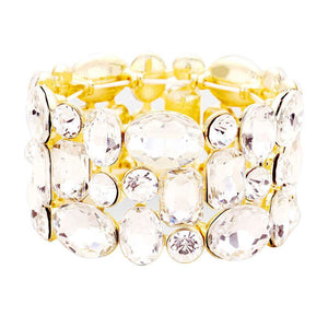 Gold Glass Crystal Stretch Evening Bracelet. This Evening Bracelet sparkles all around with it's surrounding round stones, stylish evening bracelet that is easy to put on, take off and comfortable to wear. It looks stylish and is just the right touch to set off your dress. Suitable for Night Out, Party, Formal, Special Occasion, Date Night, Prom.