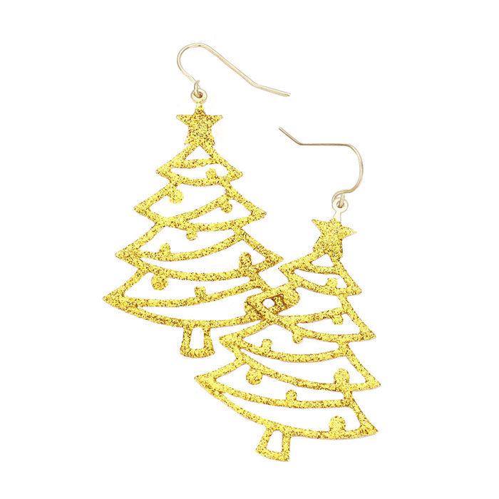 Gold Glitter Christmas Tree Dangle Earrings. Beautifully crafted design adds a gorgeous glow to any outfit. Carry the spirit of Christmas with you wherever you go.  Perfect Birthday Gift, Anniversary Gift, Mother's Day Gift, Anniversary Gift, Graduation Gift, Prom Jewelry, Just Because Gift, Thank you Gift.