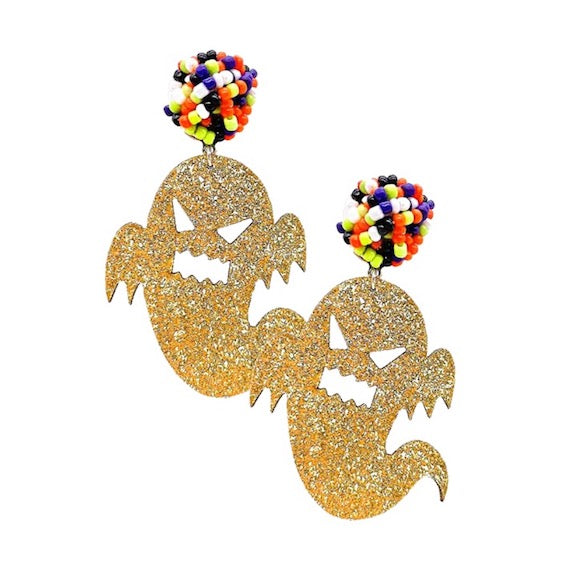 Gold Glitter Accented Halloween Gold Ghost Spooky Halloween Dangle Earrings, Halloween is the time of year where there is magic in the night when pumpkins glow with candlelight, we have the perfect dangle earrings to add an eerie, ghostly style to your look. Dress up & have a spook-takular time! Perfect for Halloween Night