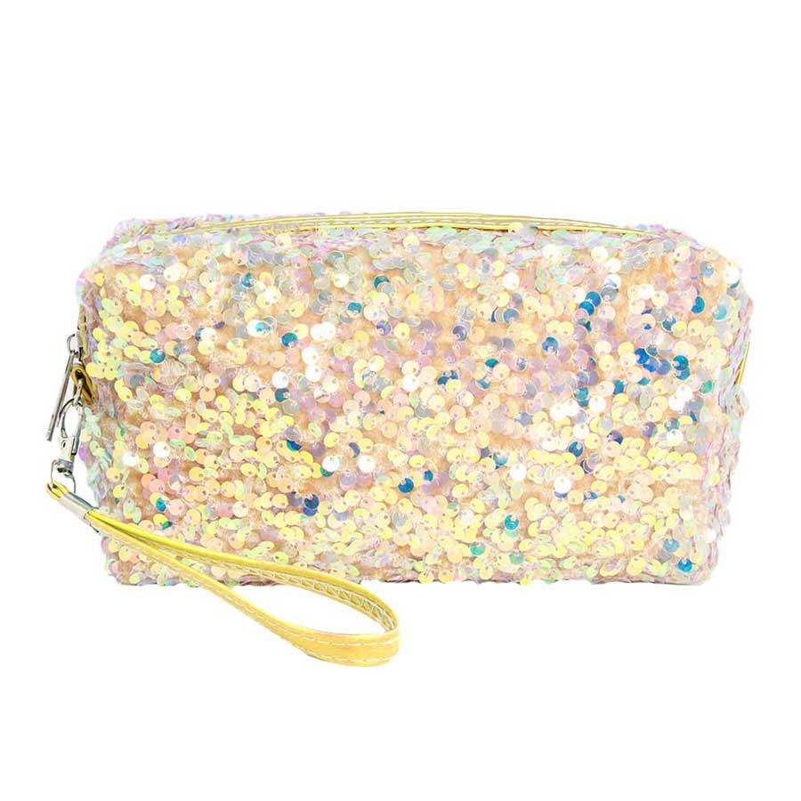 Gold Glitter Sequin Cosmetic Pouch Bag, like the ultimate fashionista even when carrying a small pouch for your money or credit cards, place your makeup, use as a cosmetic bag, use as a students pencil case, essential oil case or drop in your bag & put phone, keys, coins, credit card, etc.  Great for when you need something small to carry or drop in your bag. Makes shopping super easy without having to lug around a huge purse!