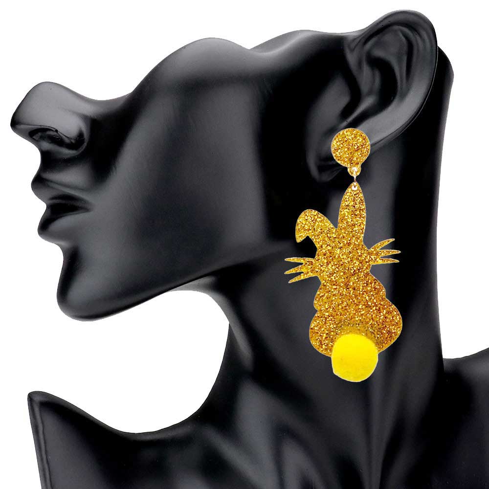 Gold Glittered Resin Easter Bunny Pom Pom Tail Dangle Earrings, perfect for the festive season, embrace the Easter spirit with these cute pom pom tail earrings, these adorable dainty gift earrings are bound to cause a smile or two. Surprise your loved ones on this Easter Sunday occasion, great gift idea for Wife, Mom, or your Loving One.