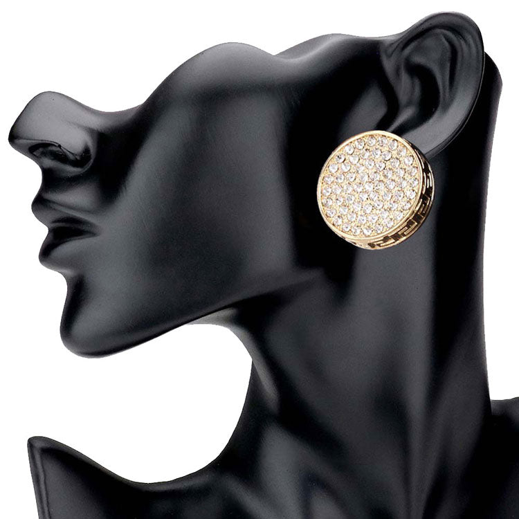 Gold Greek Pattern Detailed Rhinestone Embellished Round Earrings. Beautifully crafted Round design adds a gorgeous glow to any outfit. Jewelry that fits your lifestyle! This Round Earring for women are perfect for any occasion. Perfect Birthday Gift, Anniversary Gift, Mother's Day Gift, Anniversary Gift, Graduation Gift, Prom Jewelry, Just Because Gift, Thank you Gift.