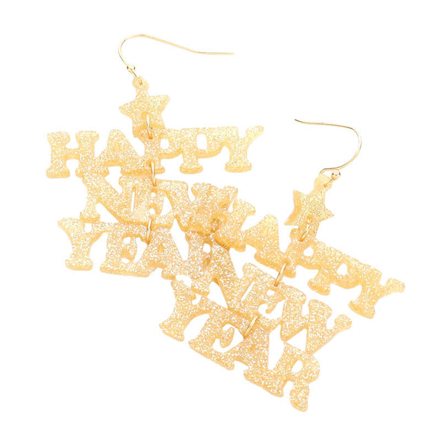 Gold HAPPY NEW YEAR Glittered Message Dangle Earrings, make yourself an individual statement of fashion with these beautiful dangle earrings on new year's eve. Get into the holiday spirit with our gorgeous handcrafted glittered earrings. Bright designs with message-themed colors and patterns will be the perfect and trendy choice for your new year costumes.
