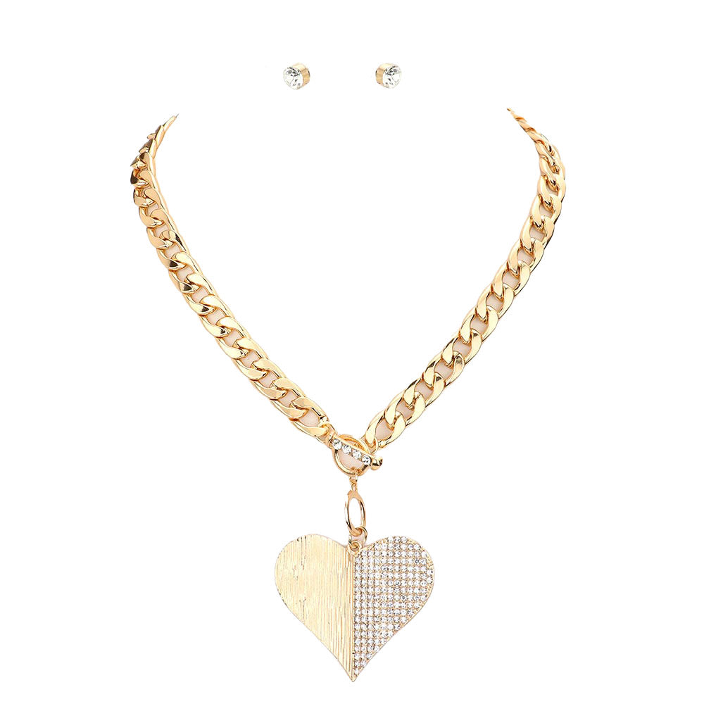 Gold Half Rhinestone Pave Heart Pendant Toggle Necklace, bring an awesome look to your outfit with perfect luxe at any special occasion. This beautiful Rhinestone necklace is the ultimate representation of your class and beauty. Put on a pop of color to complete your ensemble in a gorgeous way. Absolutely an excellent gift for your friends, family, and the persons you love and care about the most. Stay luxurious!