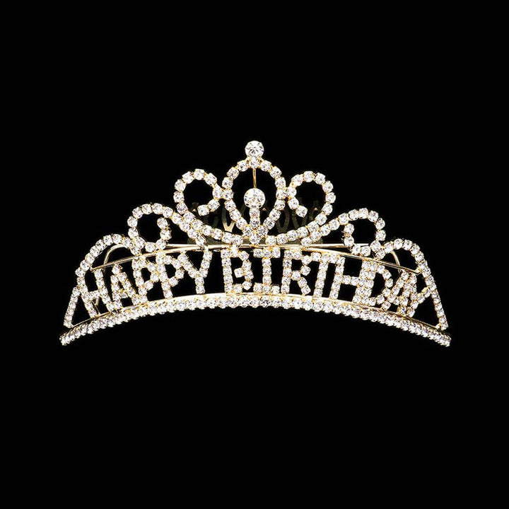 Gold Happy Birthday Rhinestone Party Tiara. Turn any cake into a royal treat for your daughter's princess themed birthday party with this Tiara. Ideal for dolling up the guest of honor on her special day, this party tiara also makes a fun cake decoration. Add it to a gift for the birthday girl or lay it at her place setting to be donned right before she blows out the candles on her birthday cake.