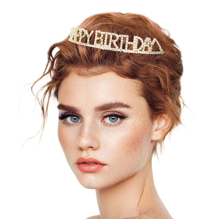 Gold Happy Birthday Rhinestone Pave Party Tiara. Turn any cake into a royal treat for your daughter's princess themed birthday party with this Tiara. Ideal for dolling up the guest of honor on her special day, this party tiara also makes a fun cake decoration. Add it to a gift for the birthday girl or lay it at her place setting to be donned right before she blows out the candles on her birthday cake.