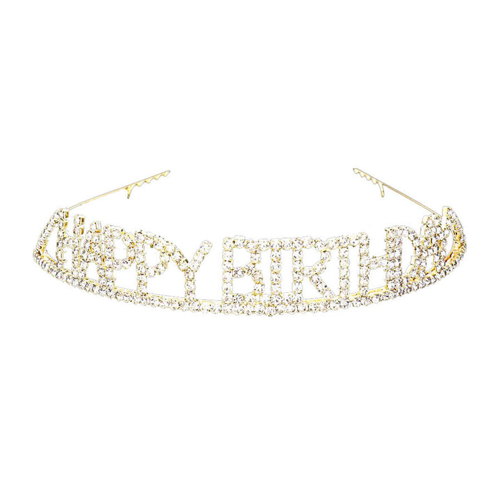 Gold Happy Birthday Rhinestone Pave Party Tiara. Turn any cake into a royal treat for your daughter's princess themed birthday party with this Tiara. Ideal for dolling up the guest of honor on her special day, this party tiara also makes a fun cake decoration. Add it to a gift for the birthday girl or lay it at her place setting to be donned right before she blows out the candles on her birthday cake.