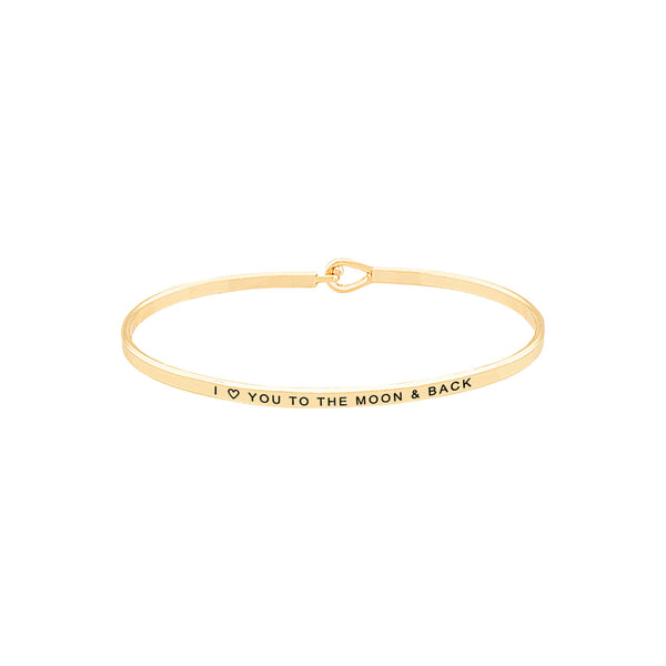 Gold I Love You to the Moon & Back Brass Thin Metal Hook Bracelet. Look like the ultimate fashionista with these Bracelet! Add something special to your outfit this Valentine! special It will be your new favorite accessory. Perfect Birthday Gift, Anniversary Gift, Mother's Day Gift, Graduation Gift, Valentine's Day Gift.