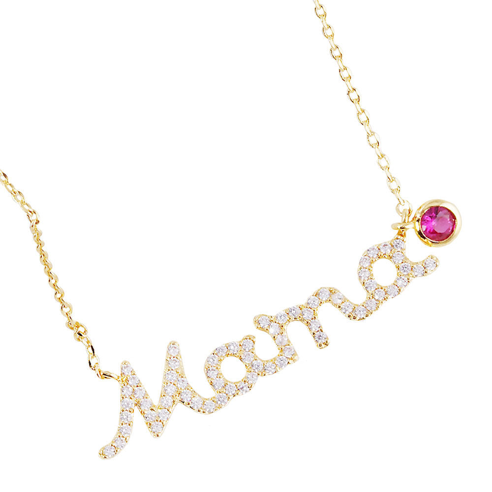 Gold July Birthstone MAMA Message Pendant Necklace. Elegant jewelry brightens up your brilliant life. No matter when, a mother is always there to accompany you and protect you. The mother necklace keeps our love close to mom.  Make your mother feel special by giving this MAMA pendant necklace as a gift and expressing your love for your mother on this Mother's Day..