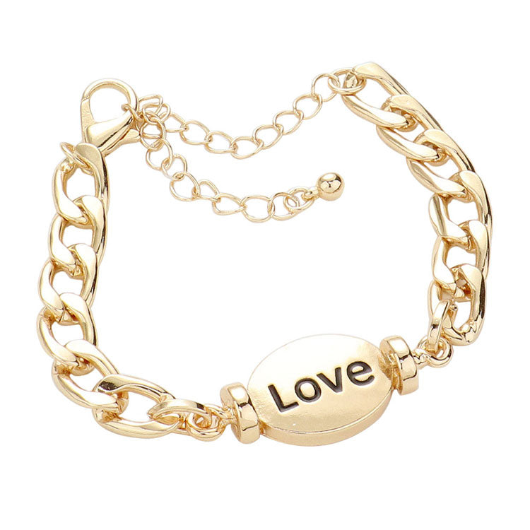 Gold LOVE Metal Oval Message Charm Bracelet. Look like the ultimate fashionista with these Bracelets! Add something special to your outfit this Valentine! special It will be your new favorite accessory. Perfect Birthday Gift, Anniversary Gift, Mother's Day Gift, Graduation Gift, Valentine's Day Gift.