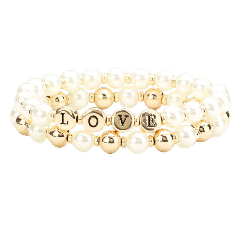 Gold LOVE Pearl Metal Ball Stretch Message Bracelets. Look like the ultimate fashionista with these bracelets! Add something special to your outfit this Valentine! special It will be your new favorite accessory. Perfect Birthday Gift, Anniversary Gift, Mother's Day Gift, Graduation Gift, Valentine's Day Gift.