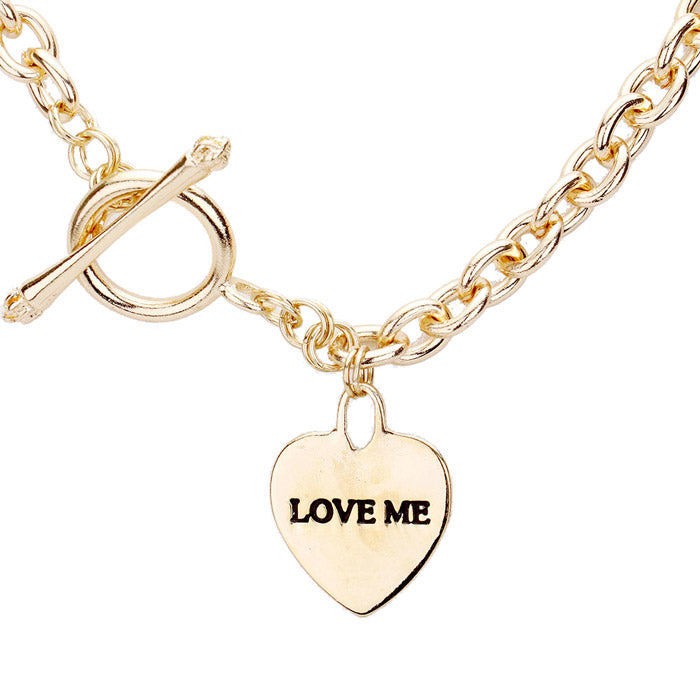 Gold Heart Love Me Necklace Toggle closure, wear it with your favorite tops & dresses all year round! This piece is versatile & goes with practically anything! This Chic necklace is a great gift, Perfect Birthday Gift, Valentine's Day Gift, Anniversary Gift, Mother's Day Gift, Just Because, Thank you, Love you!