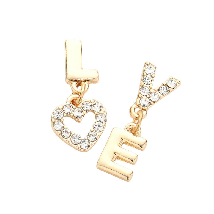 Gold Love Rhinestone Message Unbalanced Dangle Earrings, These gorgeous Rhinestone pieces will show your class on any special occasion. Wear these lovely earrings to make you stand out from the crowd & show your trendy choice this valentine. The fashion jewelry offers a classy look for a romantic night out on the town and makes a thoughtful gift for Valentine's Day. Lightweight & easy to wear.