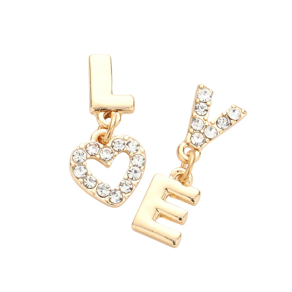 Gold Love Rhinestone Message Unbalanced Dangle Earrings, These gorgeous Rhinestone pieces will show your class on any special occasion. Wear these lovely earrings to make you stand out from the crowd & show your trendy choice this valentine. The fashion jewelry offers a classy look for a romantic night out on the town and makes a thoughtful gift for Valentine's Day. Lightweight & easy to wear.
