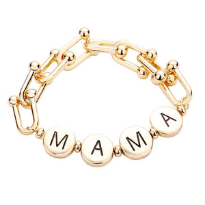 Gold MAMA Metal Round Message Link Stretch Bracelet. Simple sophistication gives a lovely fashionable glow to any outfit style to your mom. Make your mom feel special with this gorgeous Bracelet gift! Her heart will swell with joy!Designed to enhance the look and add a gorgeous attractive shine to any clothing style. Perfect Birthday Gift, Anniversary Gift, Mother's Day Gift, Just Because Gift or Any Other Events.