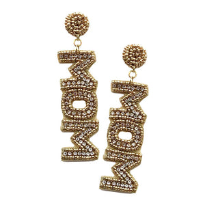 Gold MOM Felt Back Rhinestone Beaded Message Dangle Earrings, complete the appearance of elegance and royalty to drag the attention of the crowd on special occasions with this rhinestone embellished mom beaded message dangle earrings. Make your mom feel special with this gorgeous earrings gift. Designed to add a gorgeous stylish glow to any outfit. Show mom how much she is appreciated & loved.