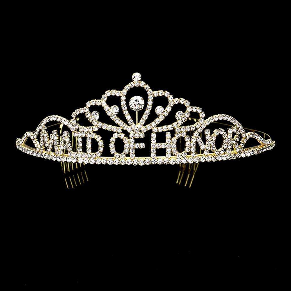 Gold Maid Of Honor Rhinestone Princess Tiara, the maid of honor princess tiara is a classic royal tiara made from gorgeous rhinestones is the epitome of elegance. Exquisite design with gorgeous color and brightness, makes you more eye-catching in the crowd and also it will make you more charming and pretty without fail.