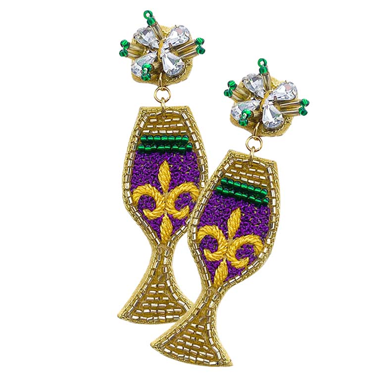 Gold Mardi Gras Felt Back Fleur de Lis Pointed Beaded Wine Dangle Earrings, is a unique and beautiful collection of earrings for your attire for this Mardi Gras event. These Fleur de Lis-themed earrings are beautifully designed with beaded wine to dangle on your earlobes with a perfect glow. Wear these beautiful Mardi Gras-themed beaded earrings to get immediate compliments.