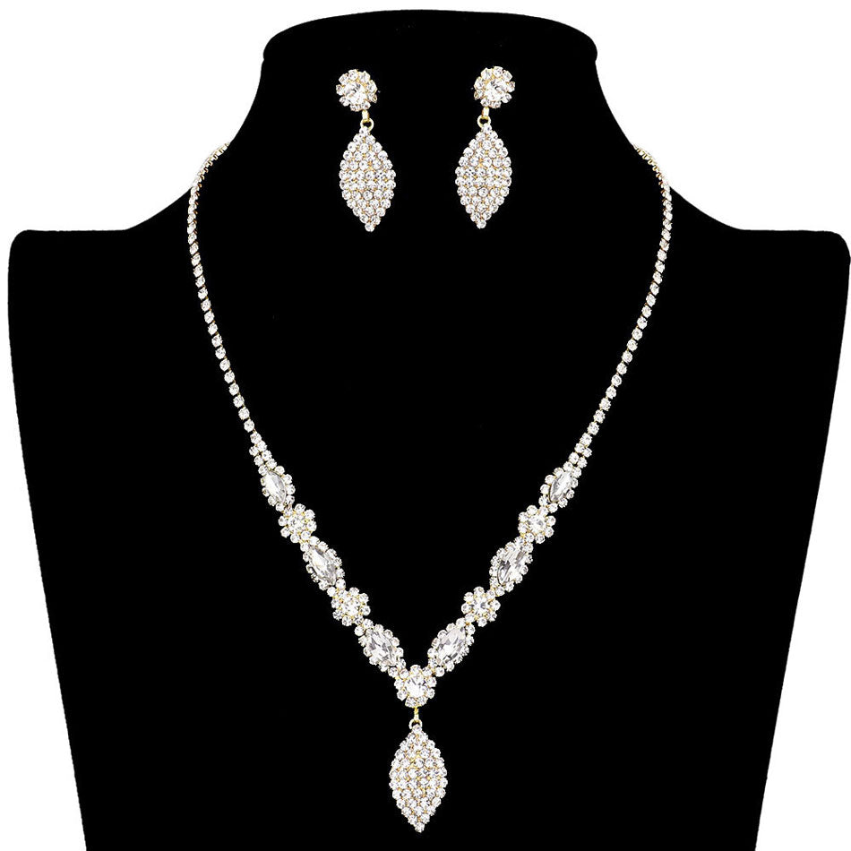 Gold Marquise Accented Rhinestone Necklace, stunning jewelry set will sparkle all night long making you shine out like a diamond. simple sophistication makes a standout addition to your collection designed to accent the neckline adds a gorgeous stylish glow to any outfit style, jewelry that fits your lifestyle! Perfect Birthday Gift, Valentine's Day Gift, Anniversary Gift, Mother's Day Gift, Just Because Gift.