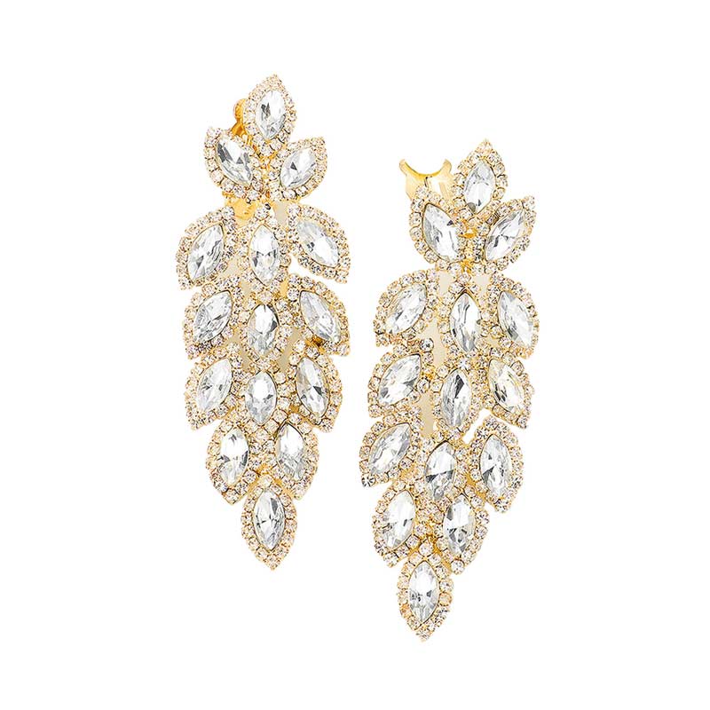 Gold Marquise Crystal Oval Cluster Vine Clip On Earrings, The perfect set of sparkling earrings adds a sophisticated & stylish glow to any outfit. Perfect for adding just the right amount of shimmer & shine and a touch of class to special events. These earrings pair perfectly with any ensemble from business casual, to night out on the town or a black tie party.