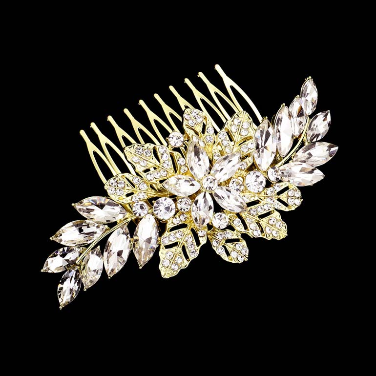 Gold Marquise Flower Stone Embellished Hair Comb, Perfect for adding just the right amount of shimmer & shine to your hair to glow with beauty. It will add a touch of class, beauty, and style to your wedding, prom, or special events. The Flower Stone Embellishment keeps your hair sparkling all day & all night long. The elegant design will enhance your beauty attracting everyone's attention and transforming you into a bright star to wear with this flower hair comb. Make your style in a gorgeous way!