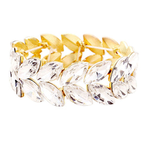 Gold Marquise Glass Crystal Stretch Evening Bracelet. This Crystal Evening Stretch Bracelet sparkles all around with it's surrounding, stretch bracelet that is easy to put on, take off and comfortable to wear. It looks modern and is just the right touch to set off. Perfect jewelry to enhance your look. Awesome gift for birthday, Anniversary, Valentine’s Day or any special occasion.
