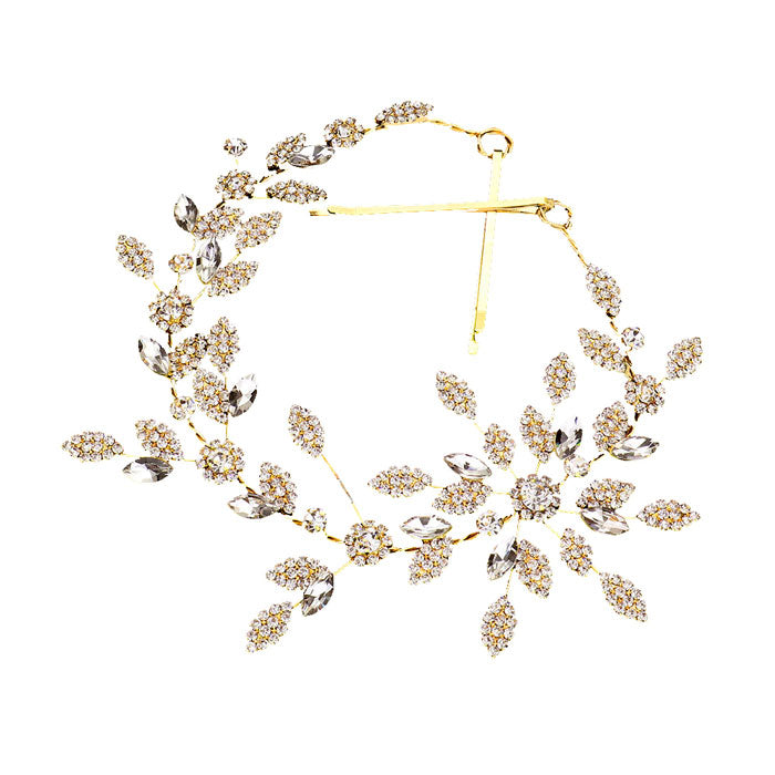 Gold Marquise Stone Accented Rhinestone Leaf Cluster Vine Wrap Headpiece. Perfect for adding just the right amount of shimmer & shine, will add a touch of class, beauty and style to your wedding, prom, special events, embellished glass crystal to keep your hair sparkling all day & all night long.