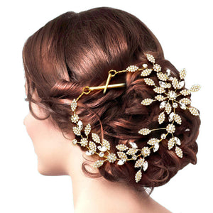 Gold Marquise Stone Accented Rhinestone Leaf Cluster Vine Wrap Headpiece. Perfect for adding just the right amount of shimmer & shine, will add a touch of class, beauty and style to your wedding, prom, special events, embellished glass crystal to keep your hair sparkling all day & all night long.