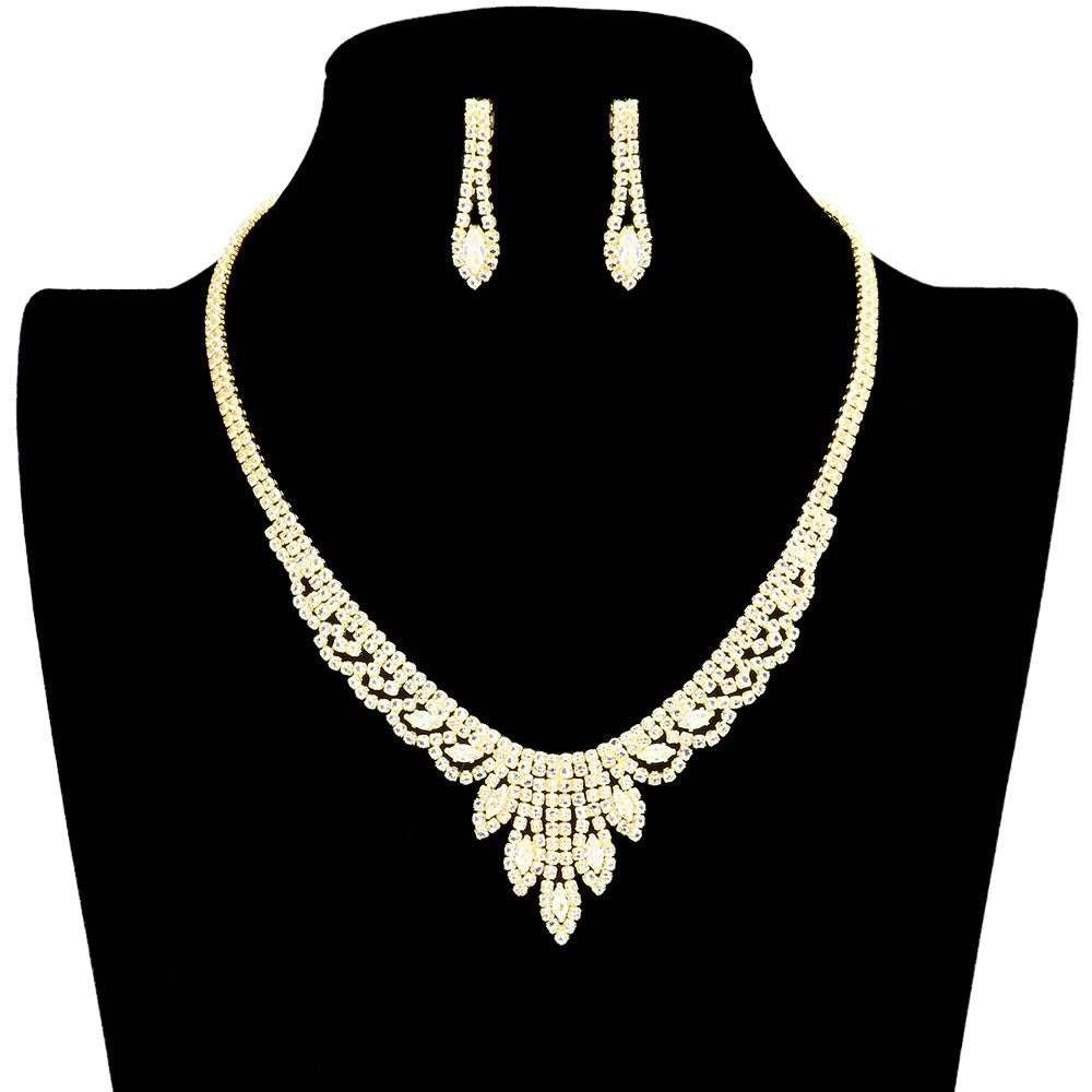 AB Gold Marquise Stone Accented Rhinestone Necklace, These gorgeous marquise stone-accented jewelry sets will show your perfect beauty & class on any special occasion. The elegance of these stones goes unmatched. Great for wearing at a party! Perfect for adding just the right amount of glamour and sophistication to important occasions. These classy marquise rhinestone jewelry sets are perfect for parties, weddings, and evenings.