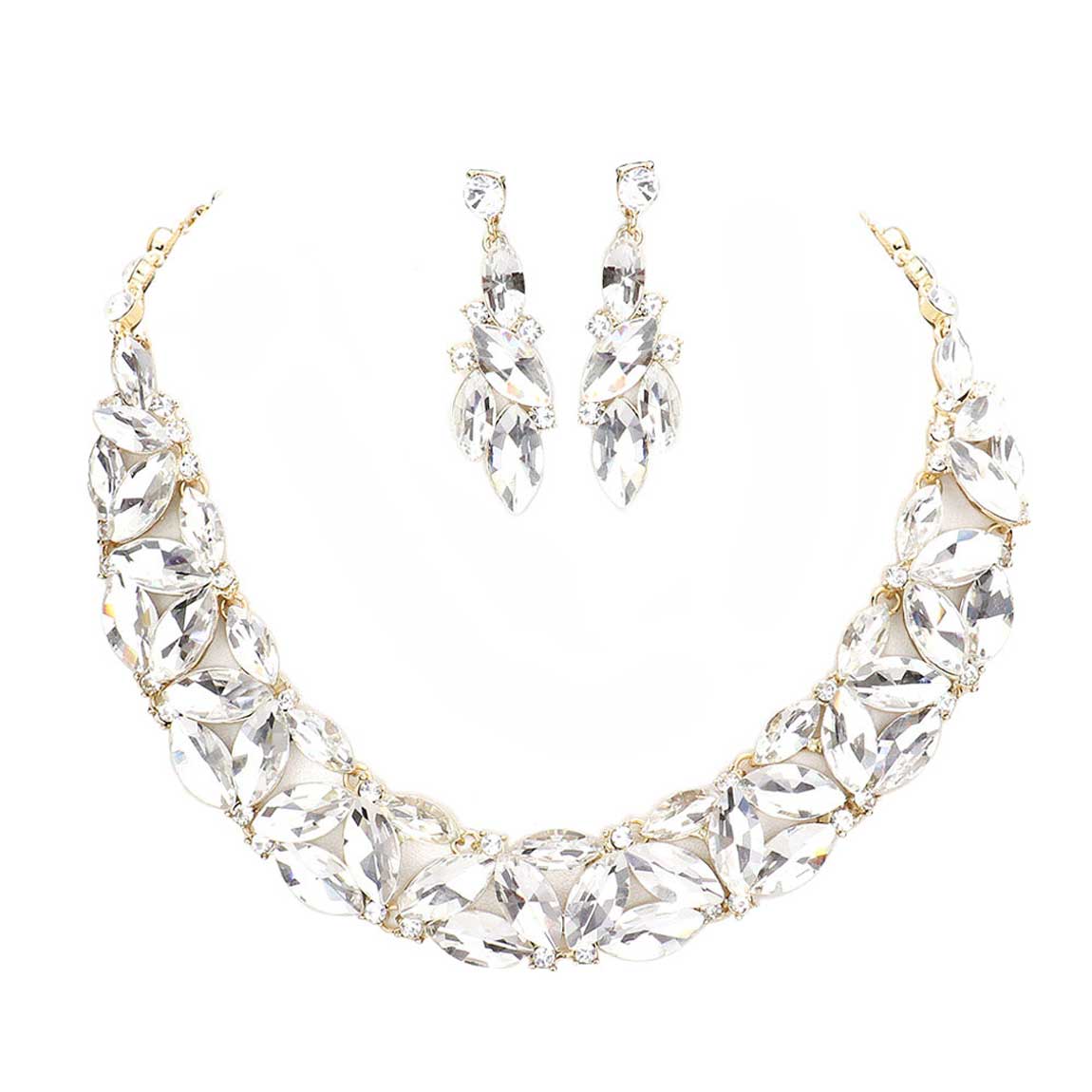 AB Gold Marquise Stone Cluster Evening Necklace. These gorgeous stone pieces will show your class in any special occasion. The elegance of these stone goes unmatched, great for wearing at a party! Perfect jewelry to enhance your look. Awesome gift for birthday, Anniversary, Valentine’s Day or any special occasion.