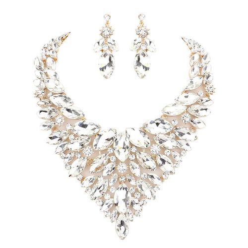 Marquise Stone Cluster Statement Evening Necklace - Gold