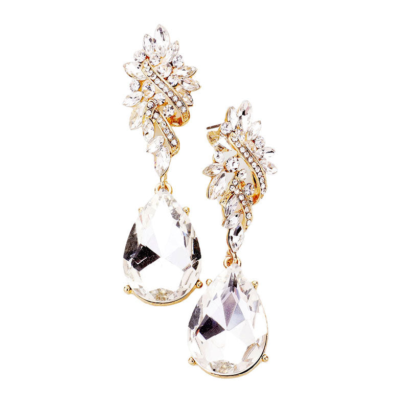 Gold Marquise Stone Cluster Teardrop Dangle Evening Earrings. These gorgeous stone pieces will show your class in any special occasion. The elegance of these stone goes unmatched, great for wearing at a party! Perfect jewelry to enhance your look. Awesome gift for birthday, Anniversary, Valentine’s Day or any special occasion.