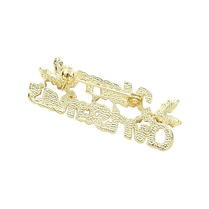 Gold Merry Christmas Stone Embellished Enamel Message Pin Brooch, Get ready for Christmas with these Stone pin brooches, carry the spirit of Christmas from head to toe. It brings an elegant and graceful look to any special occasion. These beautiful Merry Christmas message theme pin brooch can match your clothes on this Christmas occasion, making you more elegant and beautiful to enjoy your important festival. It will help you create a perfect impression on any occasion.