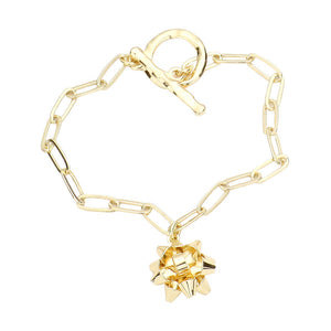 Gold Metal Christmas Bow Charm Toggle Bracelet, Get ready with these Magnetic Bracelet, put on a pop of color to complete your ensemble. Perfect for adding just the right amount of shimmer & shine and a touch of class to special events. Perfect Birthday Gift, Anniversary Gift, Mother's Day Gift, Graduation Gift.