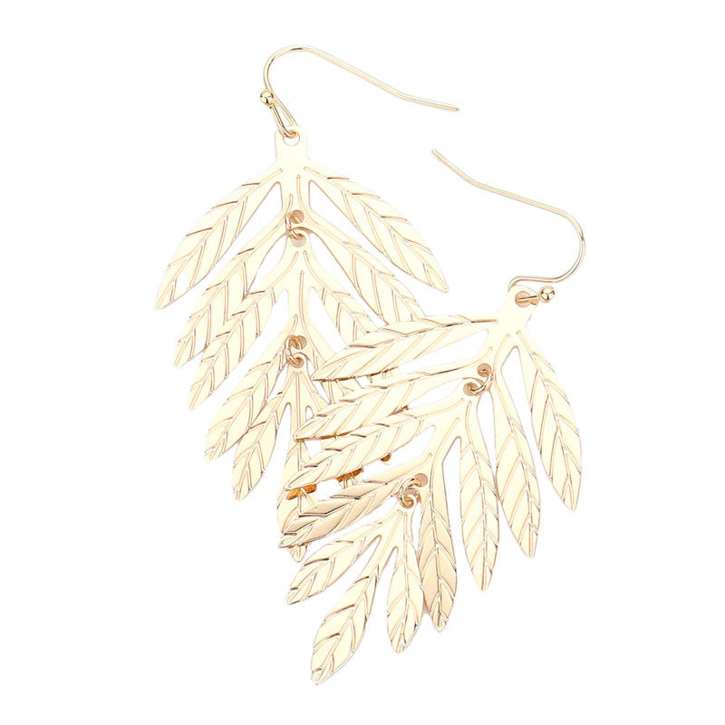 Gold Metal Leaf Dangle Earrings. These flower leaf themed earrings are fun handcrafted jewelry that fits your lifestyle, adding a pop of pretty color. Beautifully crafted design adds a gorgeous glow to any outfit. Enhance your attire with these vibrant artisanal earrings to show off your fun trendsetting style. Great gift idea for Wife, Mom, or your Loving One.