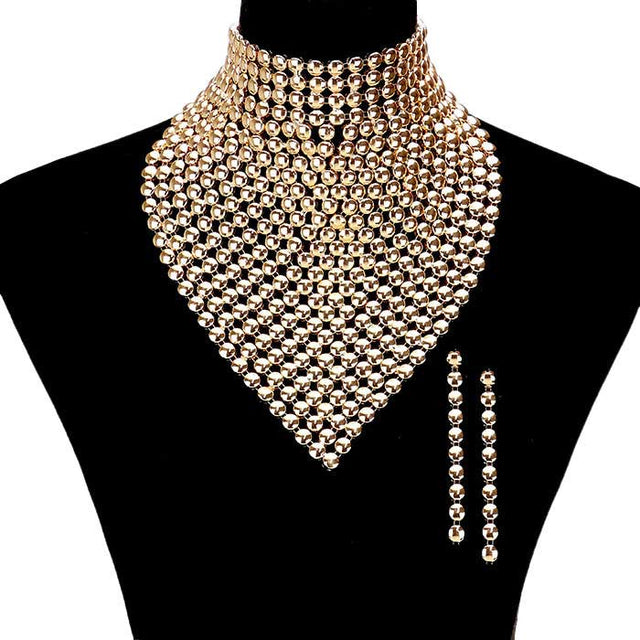 Gold Metal Studded Bib Necklace, dare to dazzle with this bejeweled necklace set, designed to accent the neckline, including dangle earrings, which are a perfect way to add sparkle to everything, showing off your elegance. Wear together or separate according to your event. Perfect Gift, Birthday, Anniversary, Prom, Mother's Day Gift, Sweet 16, Wedding, Quinceanera. 