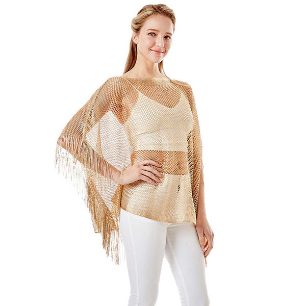 Gold Metallic Net Cover Up Fringes Poncho, This timeless Fringes Poncho is Soft, Lightweight and Breathable Fabric, Close to Skin, Comfortable to Wear. Sophisticated, flattering and cozy, this Poncho drapes beautifully for a relaxed, pulled-together look. Suitable for Weekend, Work, Holiday, Beach, Party, Club, Night, Evening, Date, Casual and Other Occasions in Spring, Summer and Autumn.