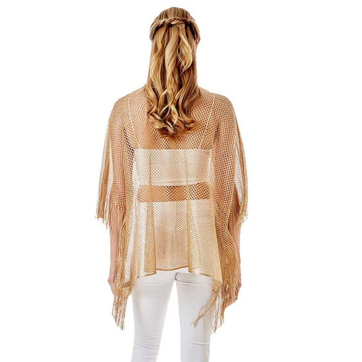 Gold Metallic Net Cover Up Fringes Poncho, This timeless Fringes Poncho is Soft, Lightweight and Breathable Fabric, Close to Skin, Comfortable to Wear. Sophisticated, flattering and cozy, this Poncho drapes beautifully for a relaxed, pulled-together look. Suitable for Weekend, Work, Holiday, Beach, Party, Club, Night, Evening, Date, Casual and Other Occasions in Spring, Summer and Autumn.