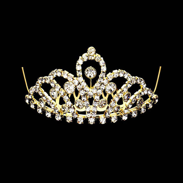 Gold Mini Crystal Rhinestone Pave Princess Tiara, this crystal rhinestone tiara is a classic royal tiara made from gorgeous rhinestone that reveals the epitome of elegance and bridal luxury, and grace. This unique Hair Jewelry is suitable for any special occasion such as weddings, engagements, proms, evenings, It is the perfect compliment that will make your whole wedding dress look come to life. Show your royalty with this Princess Tiara.