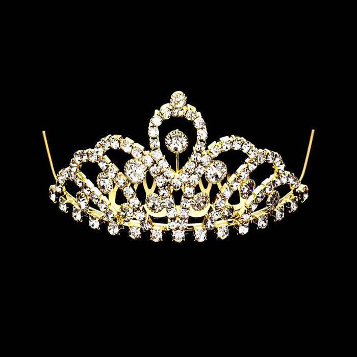 Gold Mini Crystal Rhinestone Pave Princess Tiara, this crystal rhinestone tiara is a classic royal tiara made from gorgeous rhinestone that reveals the epitome of elegance and bridal luxury, and grace. This unique Hair Jewelry is suitable for any special occasion such as weddings, engagements, proms, evenings, It is the perfect compliment that will make your whole wedding dress look come to life. Show your royalty with this Princess Tiara.