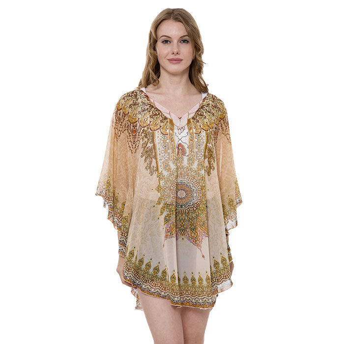 Gold Mixed Print Cover Up Poncho, this lightweight Cover Up poncho featuring mixed  print and a relaxed silhouette. A fashionable eye catcher, will quickly become one of your favorite accessories, Look perfectly breezy and laid-back as you head to the beach. Great for dating, hanging out, vacation, holiday, outwear. Perfect Gift for Wife, Birthday, Holiday, Fun Night Out.