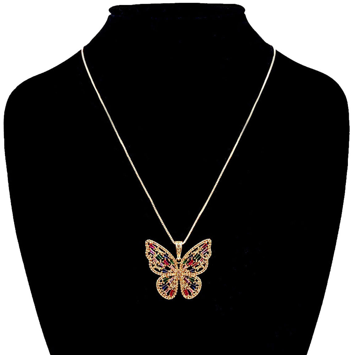 Gold Multi CZ Butterfly Pendant Necklace, butterflies bring a message of positivity and hope, transformation & new beginnings, versatile enough for wearing straight through the week, delicate for all-day wear, coordinate with any ensemble from business casual to everyday wear, Get ready with these Pendant Necklace, put on a pop of color to complete your ensemble. Perfect for adding just the right amount of shimmer & shine and a touch of class to special events.