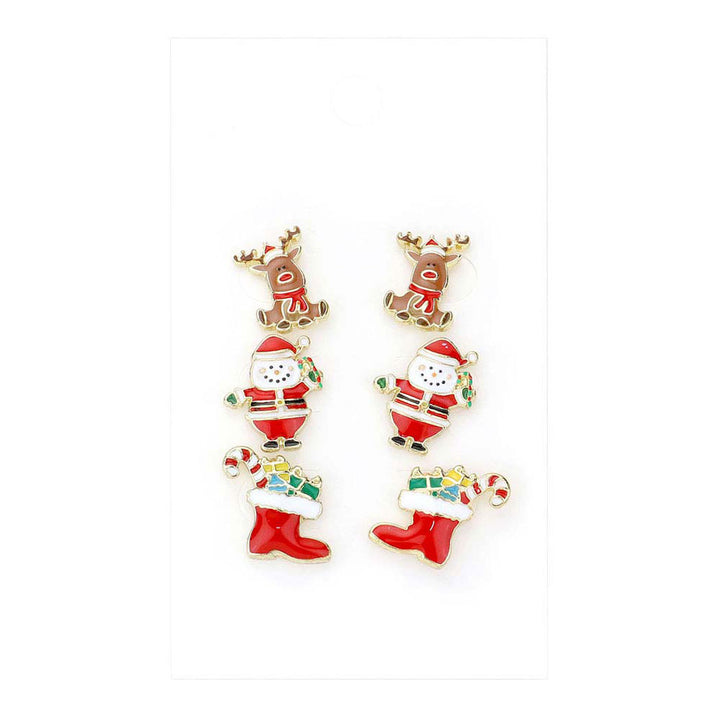 Gold Multi Colourful 3PCS Christmas Theme Enamel Stud Earrings. After patiently waiting for Christmas morning to arrive, a brand new pair of Christmas enamel studs earrings will make the wait worthwhile. Your loved one can wear her new Christmas studs while she is opening all of the other presents under the tree. Watch her unwrap a new pair of Christmas stud earrings and let the holiday celebrations start.