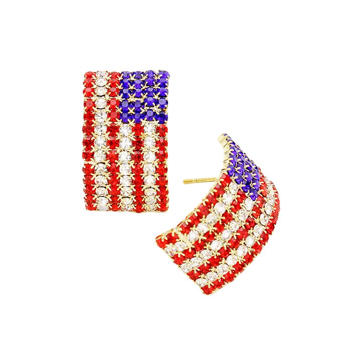 Gold Multi Crystal Pave American Flag Earrings, These beautifully unique designed dangle earrings with multi colors are suitable as gifts for your wife, girlfriend, beloved, friend, mom & favorite person. They will capture people's attention during the festival, & holiday & also will express your holiday wishes & greetings.