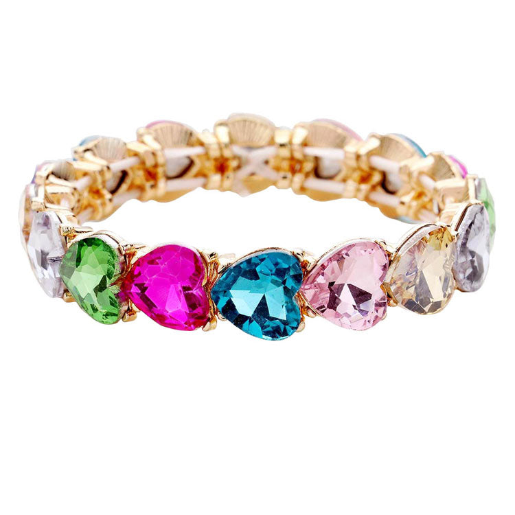 Gold Multi Heart Crystal Stretch Evening Bracelet, put on a pop of color to complete your ensemble. Perfect for adding just the right amount of shimmer & shine and a touch of class to special events. Perfect Birthday Gift, Anniversary Gift, Mother's Day Gift, Graduation Gift, Valentine’s Gift.